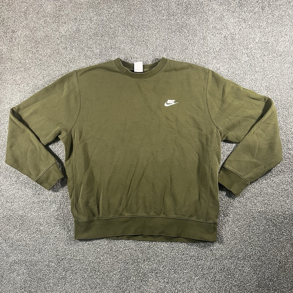 Nike Mens Large Olive Green Club Fleece Crewneck Sweatshirt Swoosh